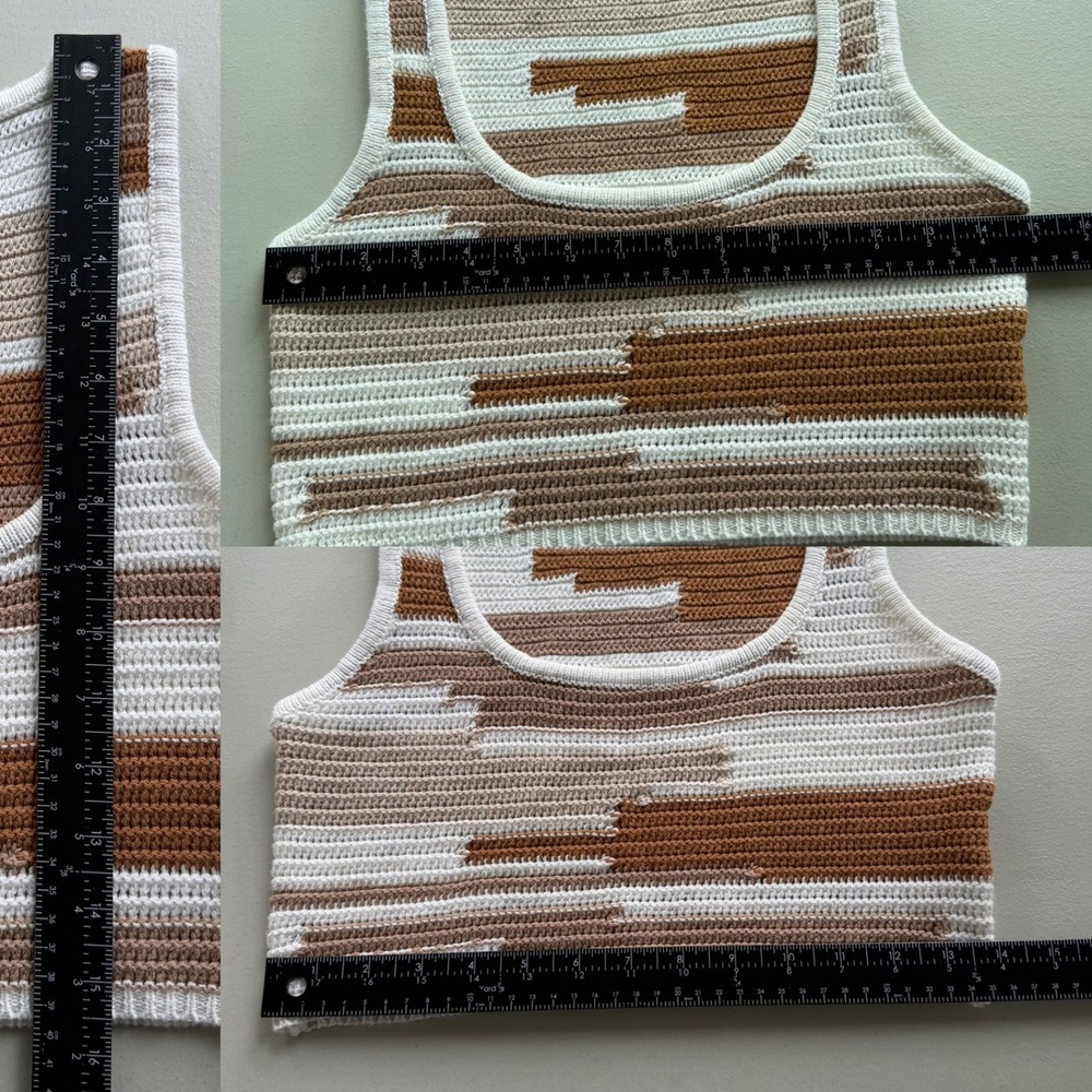 Le Lis Collection Women's S Tan Brown Abstract Stripe Crochet Knit Crop Tank Top - Picture 6 of 10